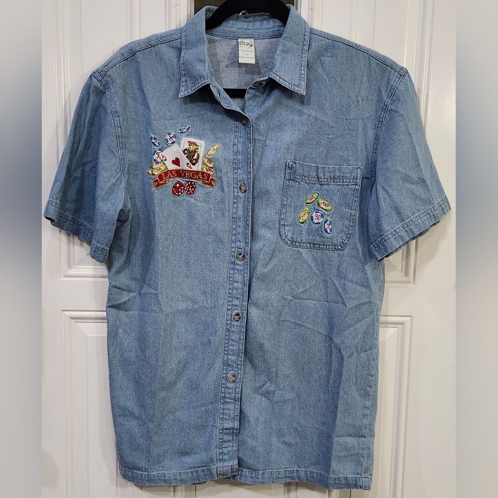 Bay Beauty Chambray Light Denim Las Vegas Poker Button Down Shirt Women's Large